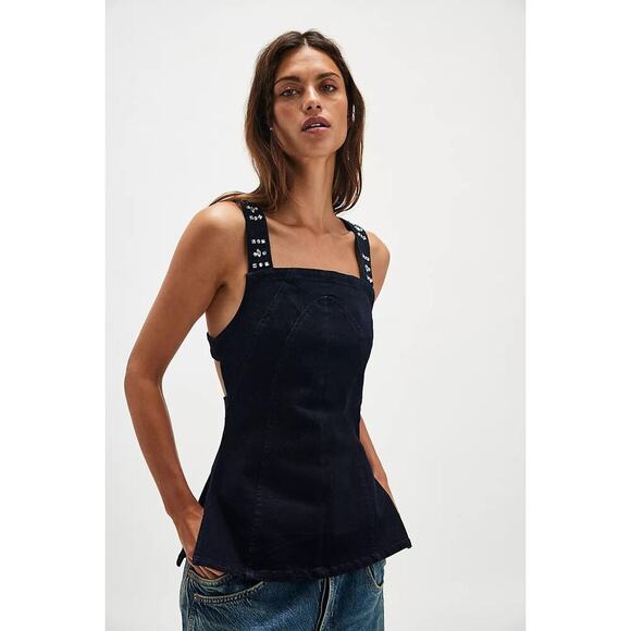 Free People Denim D/F Studded Backless Peplum Top XS Dark Rinse NWT/NEW!! - Picture 3 of 16